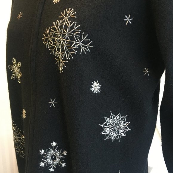 *HOST PICK* Pandemonium Women's Black Wool Cardigan Jacket Bead Snowflakes Large - Picture 4 of 12
